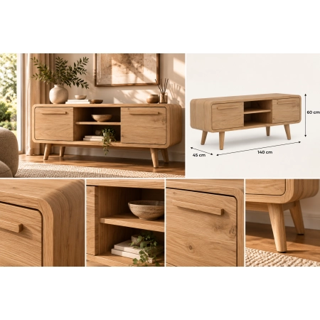 Szafka RTV z litego drewna 140 × 60 × 45 cm – 2 szafki i otwarte półki